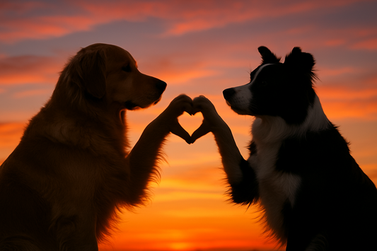 create a love heart made with 2 paws, like the humans do, but 2 diferent dogs with the sunset background